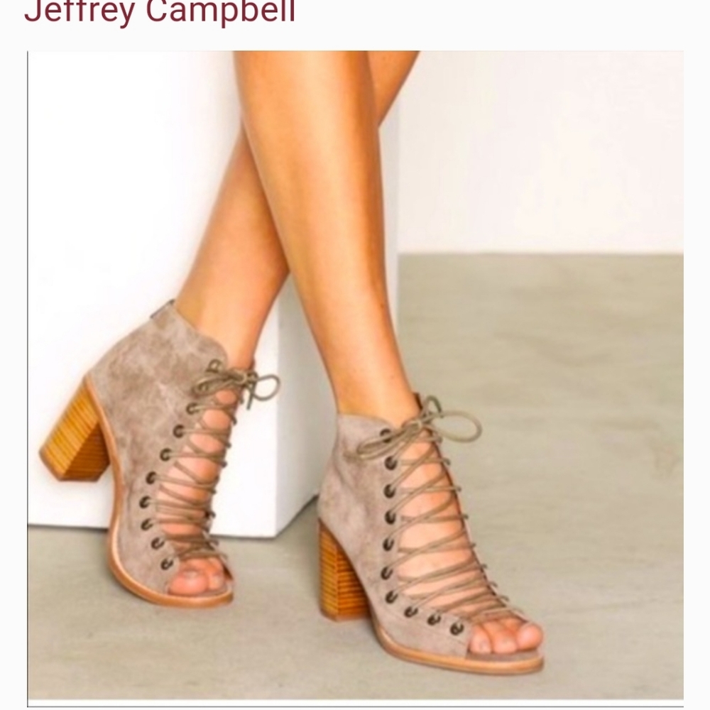 Jeffrey Campbell taupe suede lace up shoe bootie.